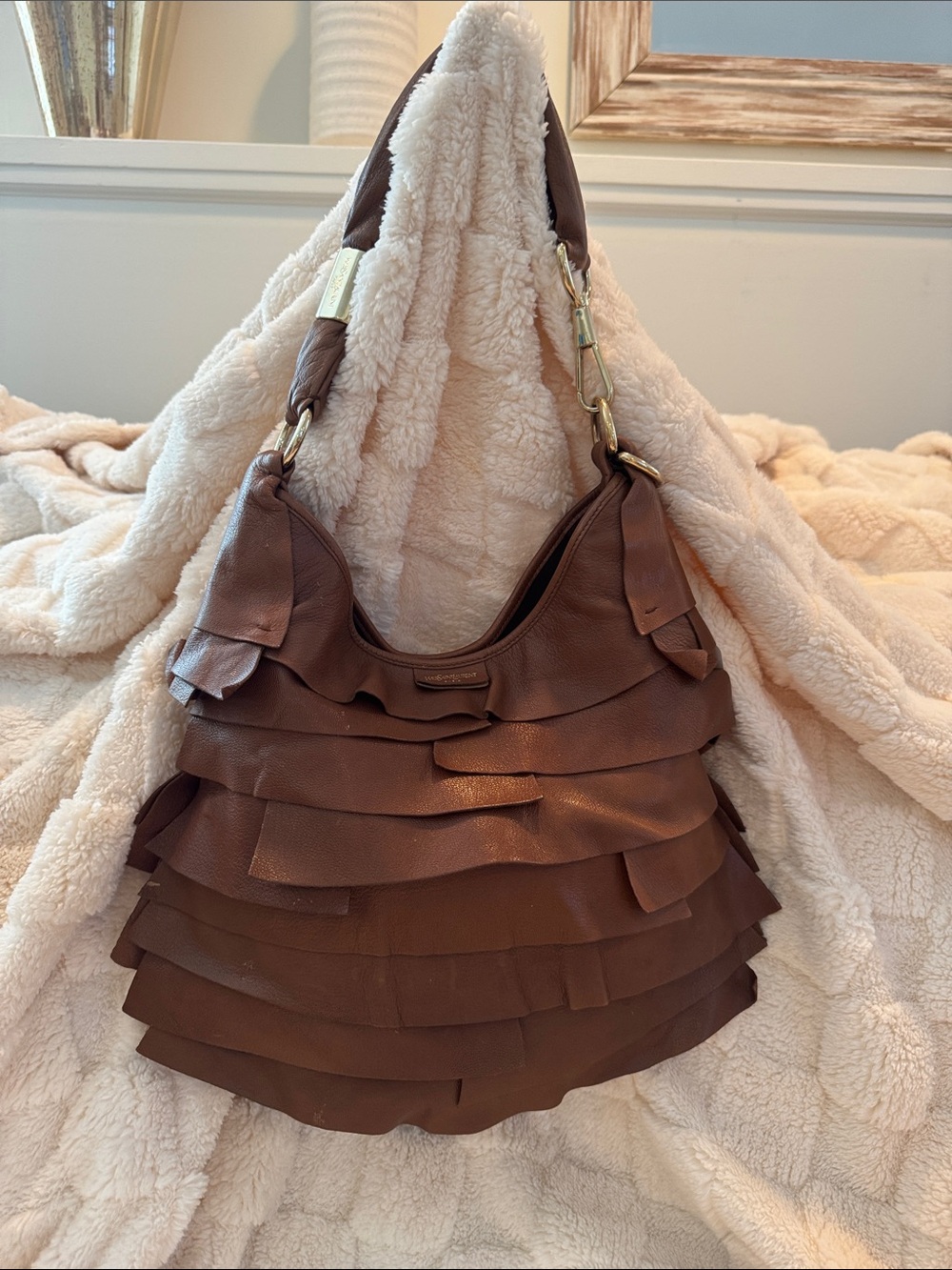 Yves Saint Laurent Brown Ruffled Leather Hobo